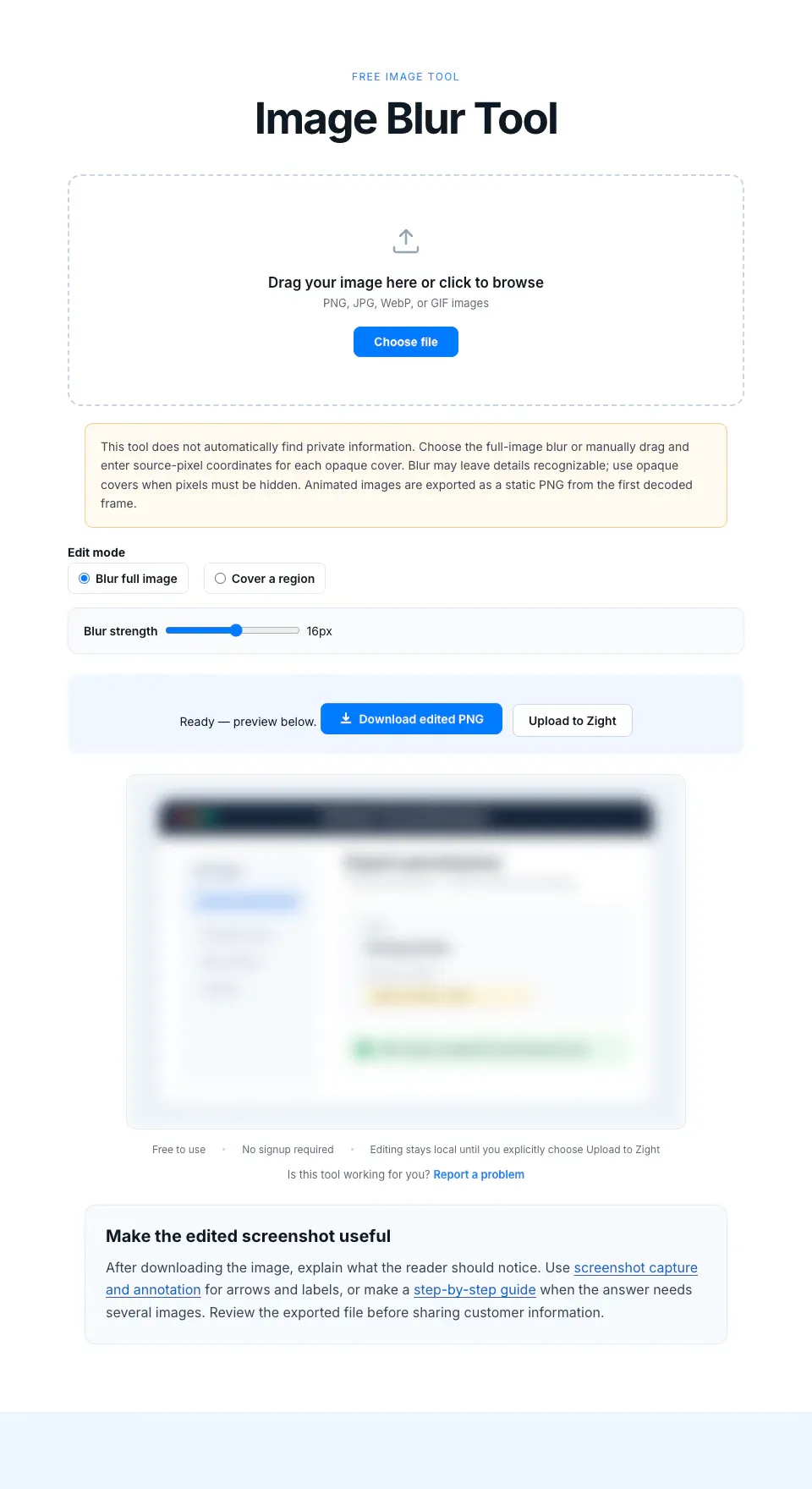 Zight image blur tool applying a full-image blur to a fictional export-permission screen
