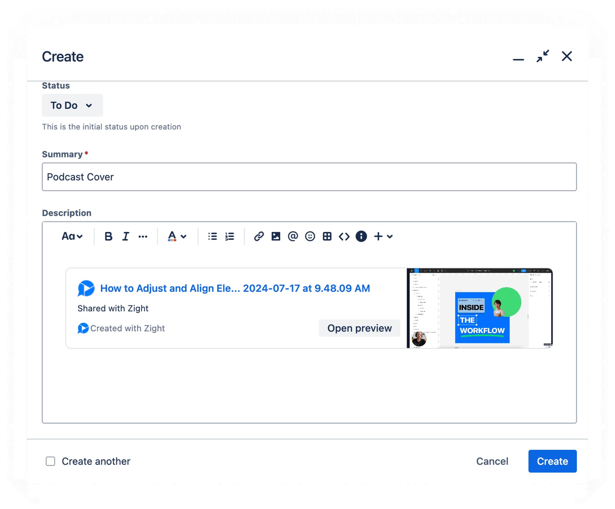 A Zight recording embedded in a Jira issue description