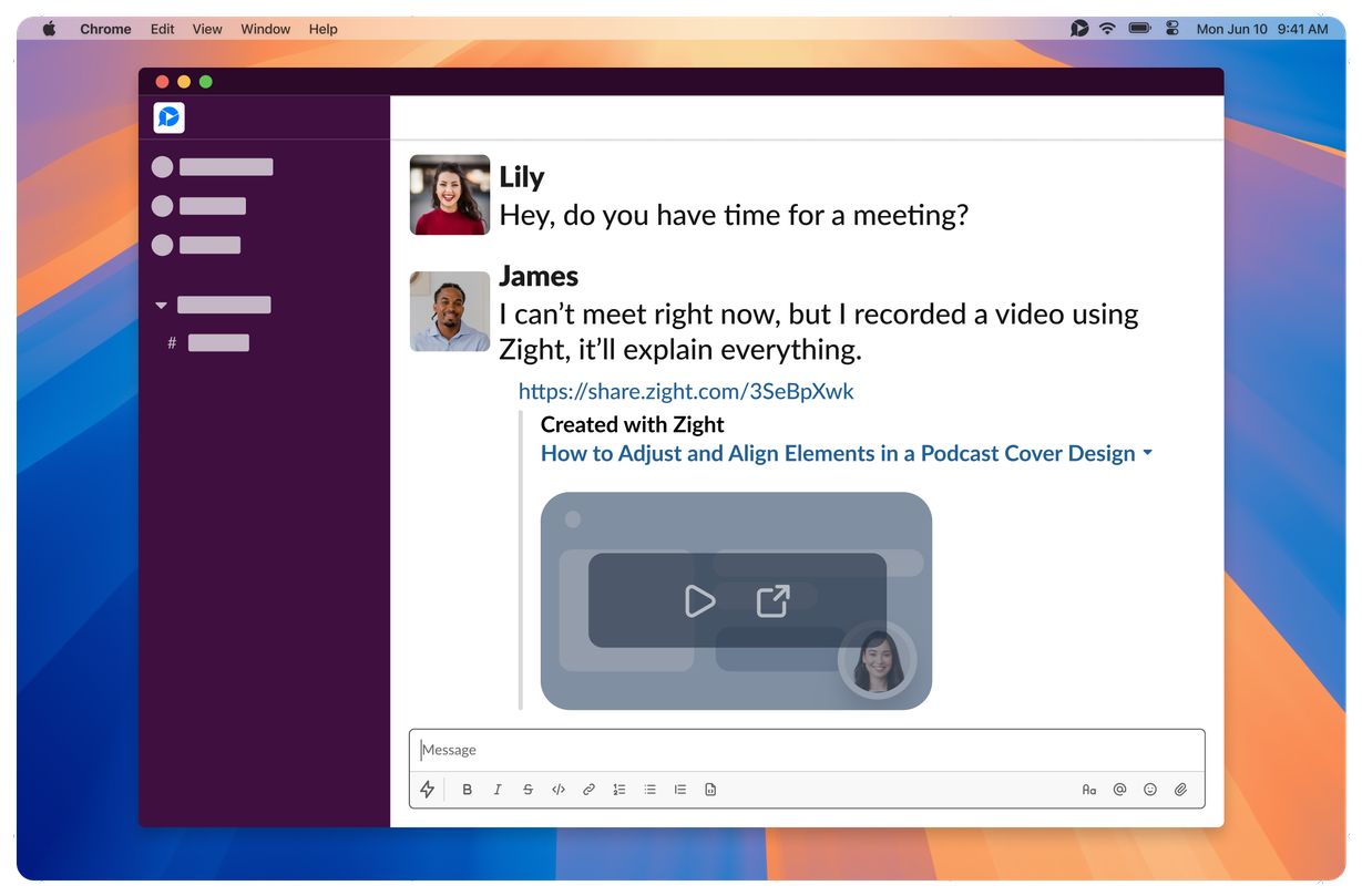 A Zight video link unfurling with a rich preview inside a Slack conversation