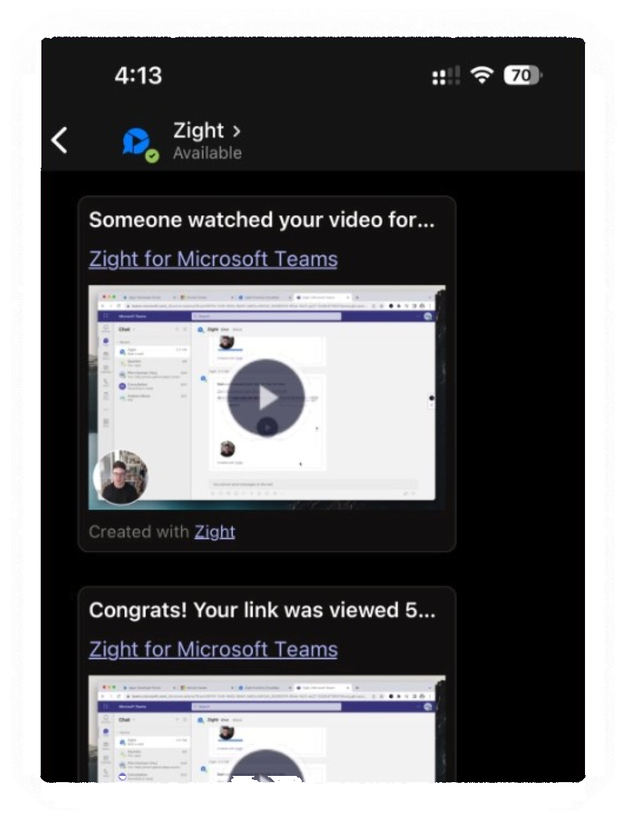 Zight view notifications for a video shared in Microsoft Teams