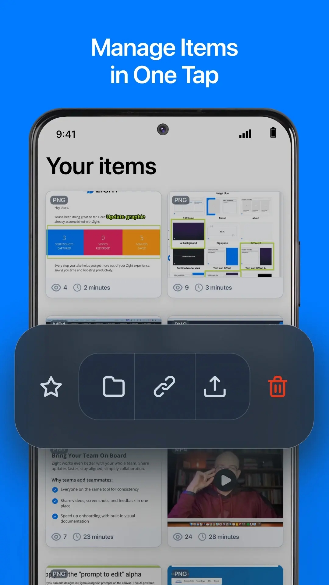 Zight mobile content library with favorite, collection, link, share, and delete actions