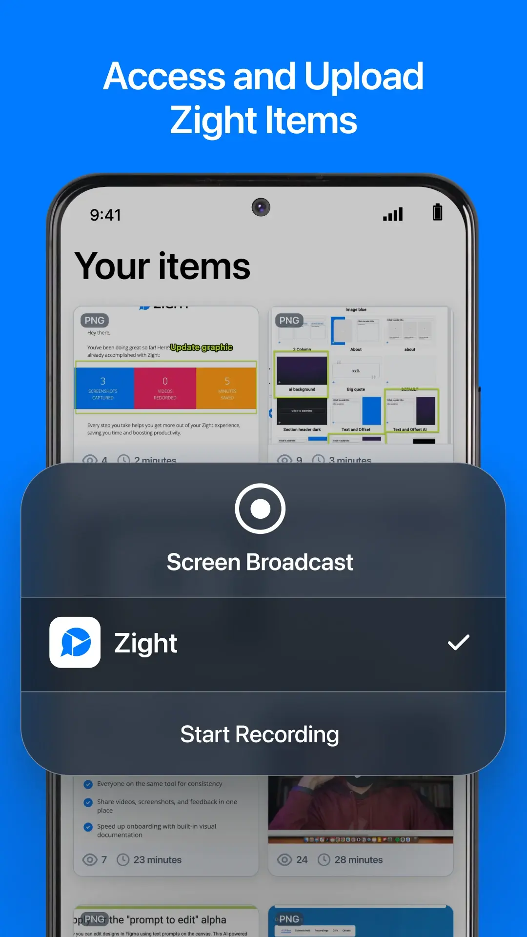 iOS Screen Broadcast controls with Zight selected and a Start Recording button