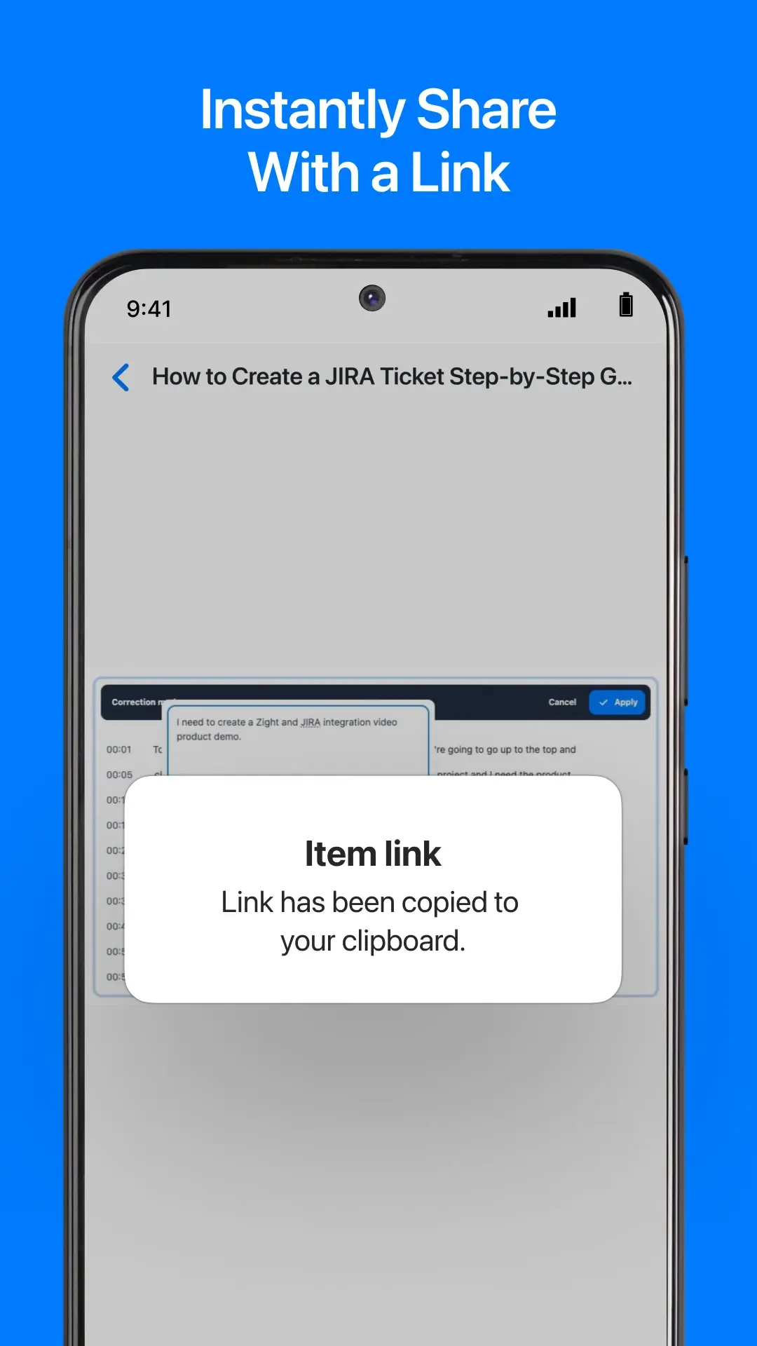 Zight mobile app confirming that an item link was copied to the clipboard